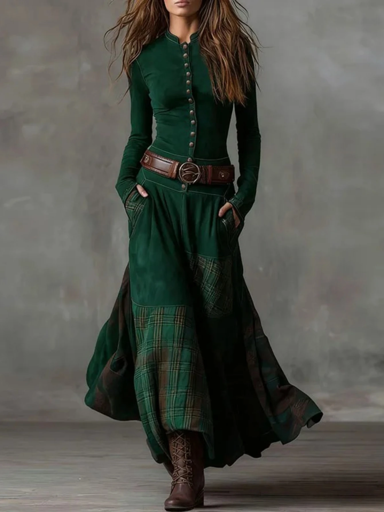 Imitation Suede Patchwork Plaid Print Maxi Dress Woman Stand Collar Button Party Dress Autumn Long Sleeve Pocket Boho Dress