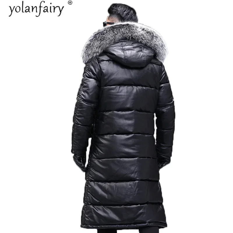 YOLANFAIRY Men's Down Jackets Winter Long Leather Jacket for Men Natural Fur Genuine Cowhide Male Coat Veste Homme DS576 TN8