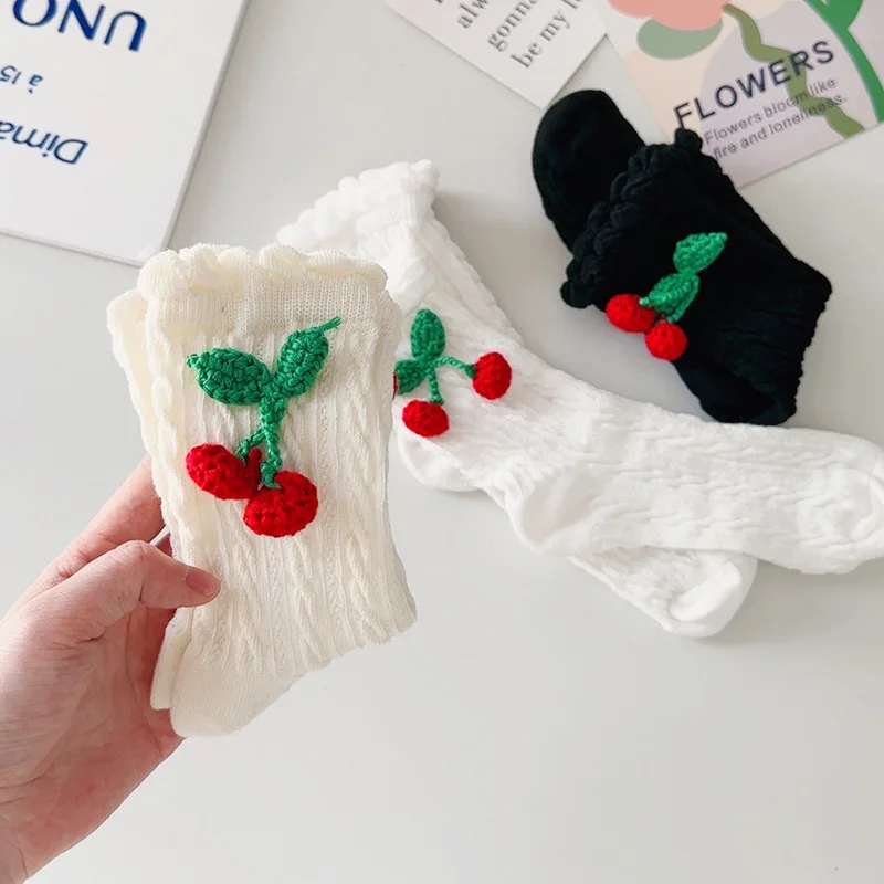 Sweet Japanese Solid Cherry Thick Cotton Winter Daily Wear Nice Girls Gift Socks, Warm Lolita Princess Women White Socks Spring