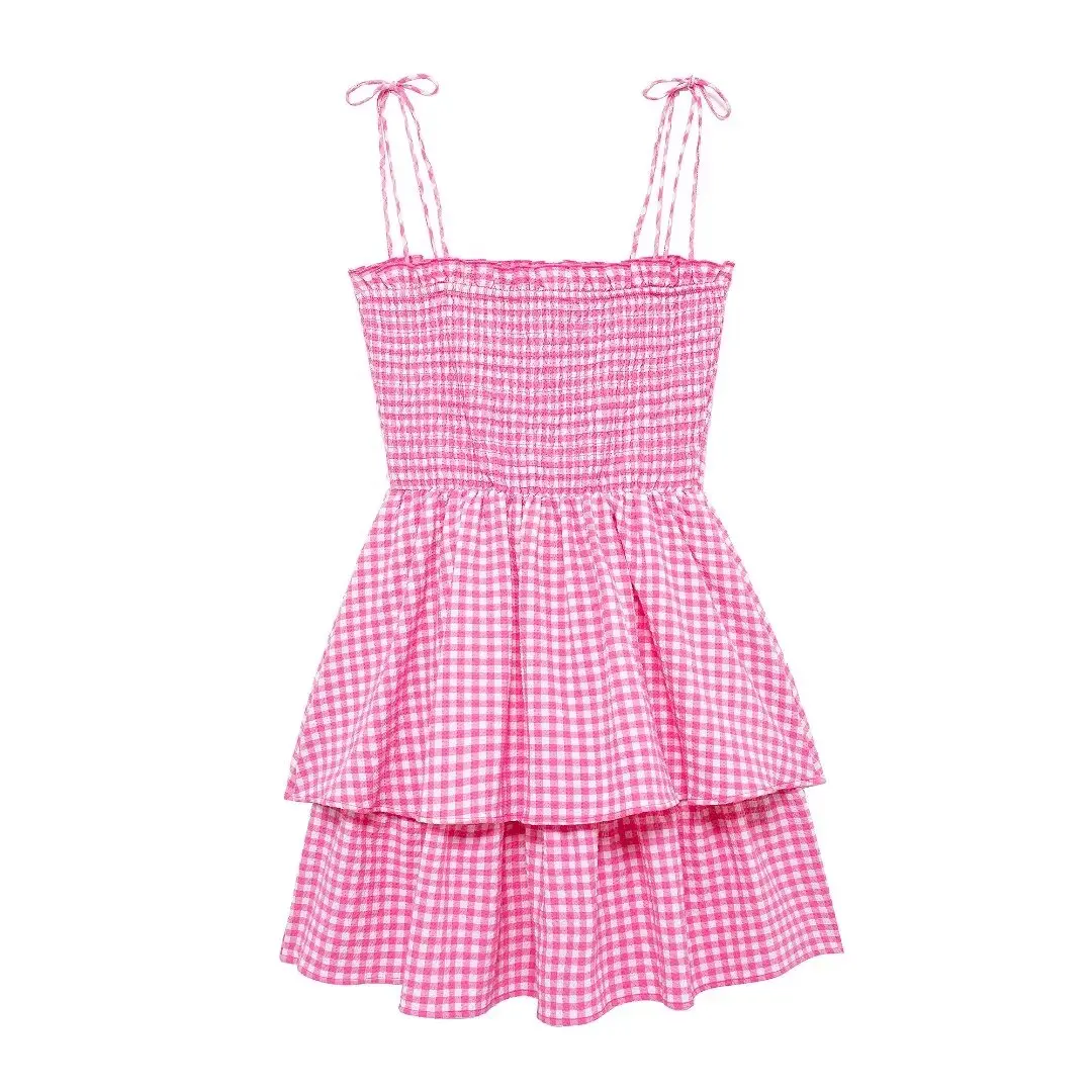 Tangada 2024 Summer Women Plaid Print Dress Sleeveless Bow Female Mini Dresses 3h0583