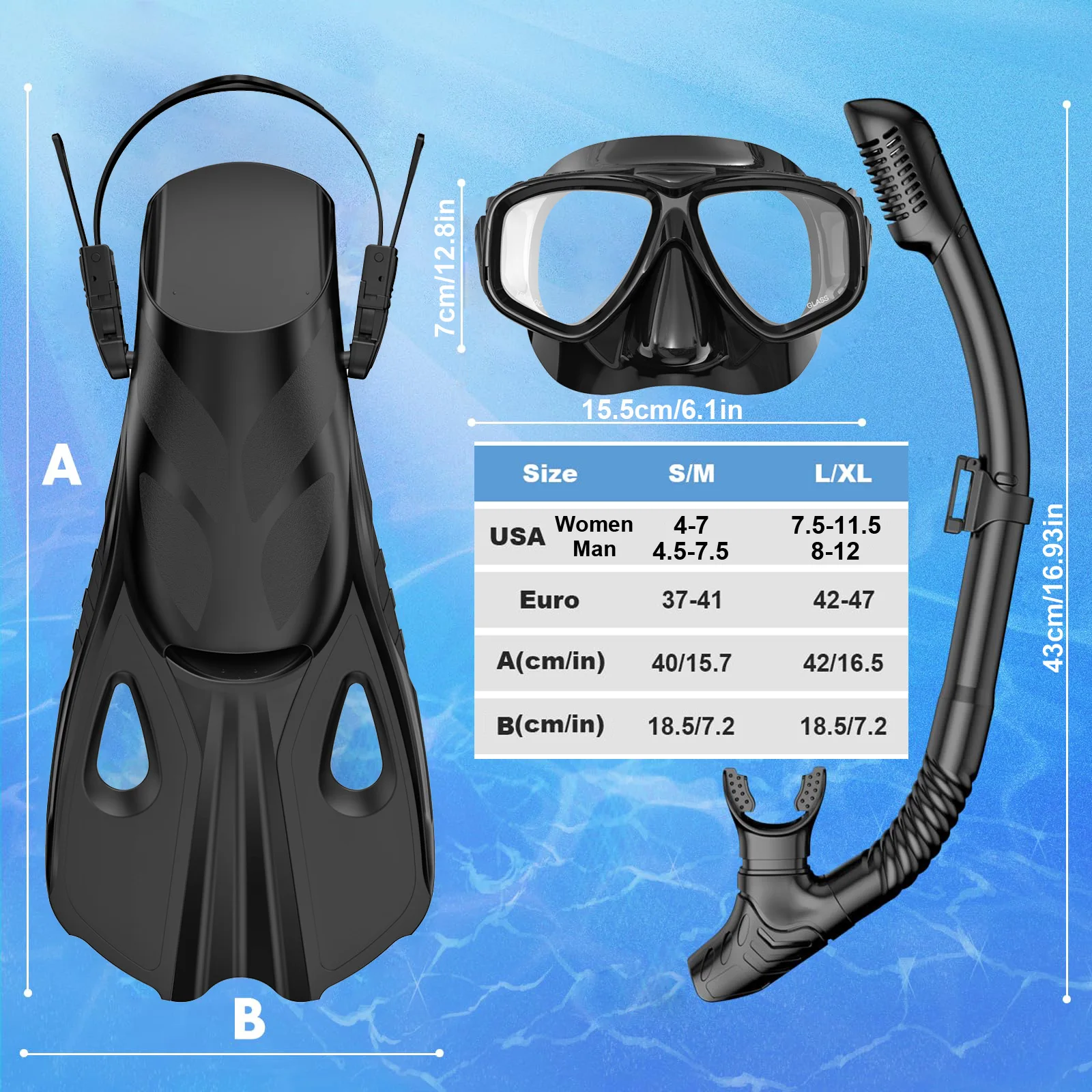Maskenflossen, Schnorchelset, 4-in-1, Panoramablick, Trockenoberteil, verstellbar, kurze Tauchflossen, Reisetasche, Tauchausrüstung, Tauchen, Schwimmen, Erwachsene – Detail 5
