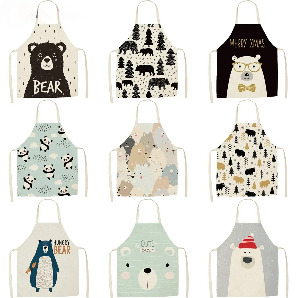 Interesting bear printing flax apron Boys adult apron Furnishing cleaning tool Baked coffee chefs without sleeve apron delantal