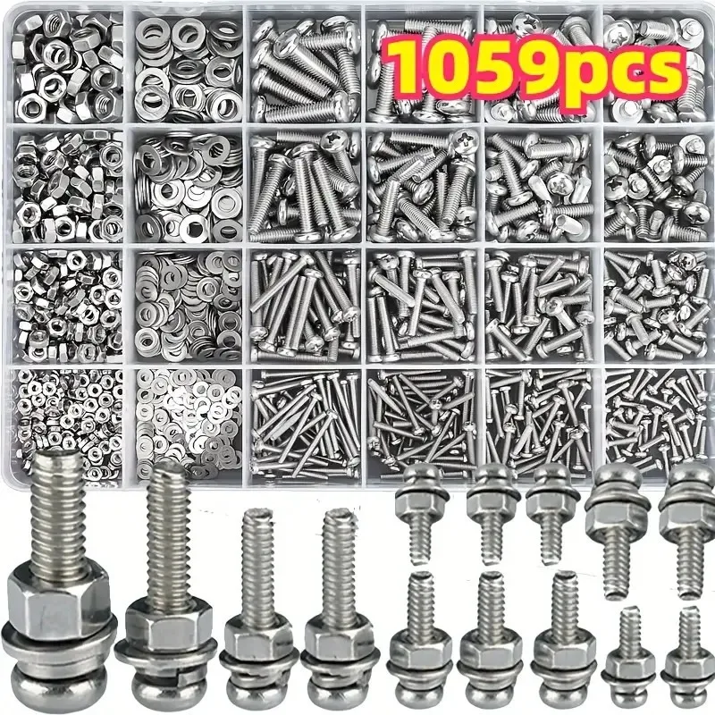 

Набор из 1059 шт. машинных винтов из нержавеющей стали в коробке, M3 M4 M5 M6, с гайками, болтами и стопорными шайбами