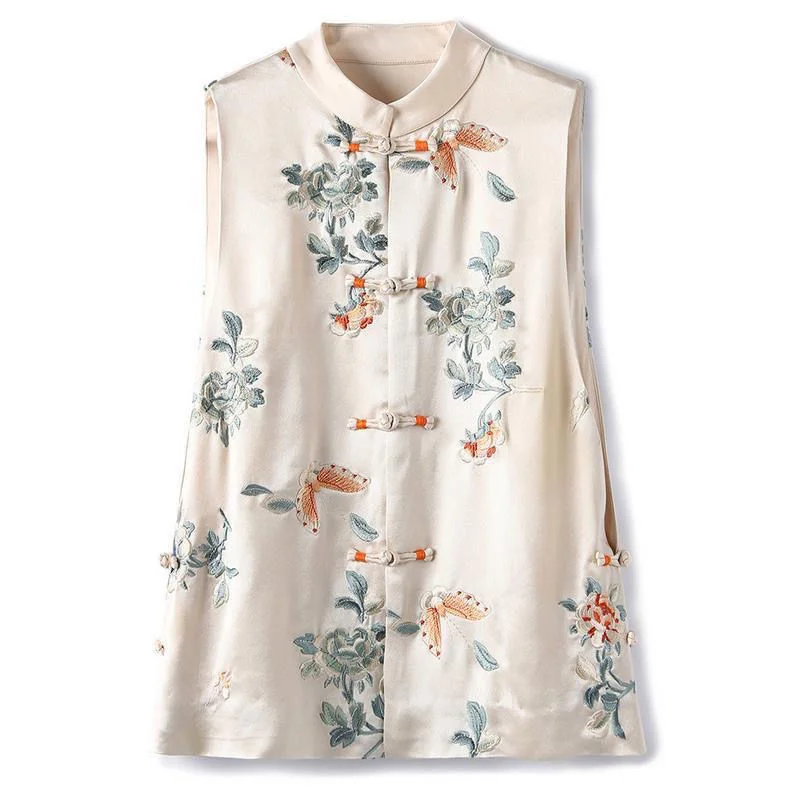 Champagne Color High-end Chinese Vest Women 2022 Summer New Middle-Aged Elderly Printing Retro Country Trendy Button Top Female