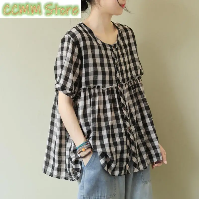 Fashion O-Neck Button Loose Spliced Ruffles Plaid Shirts Women Clothing Summer New Oversized Casual Tops All-match Blouses