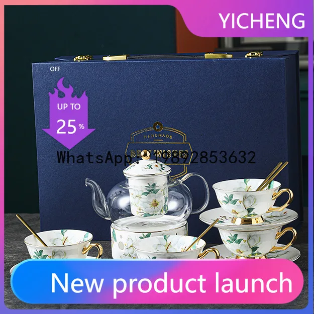 LYY Afternoon Tea Set, Fruit and Flower Tea Cups, Glass Teapot, Candle Heating Coffee Cup, Exquisite Cups and Saucers
