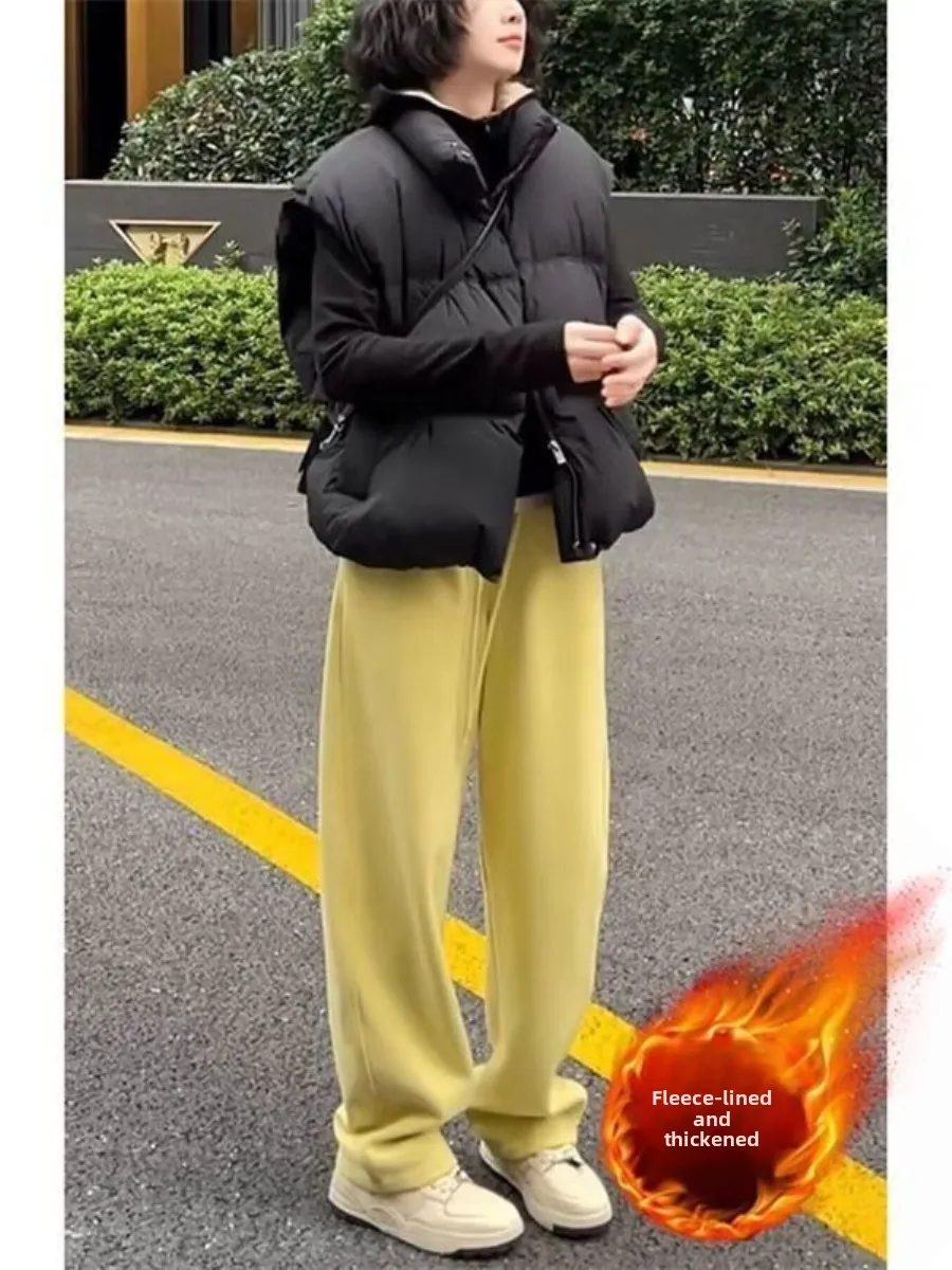 high-waist-wide-leg-sweatpants-women's-fashionable-fleece-lined-loose-fit-two-piece-set-slimming-effect-autumn-winter