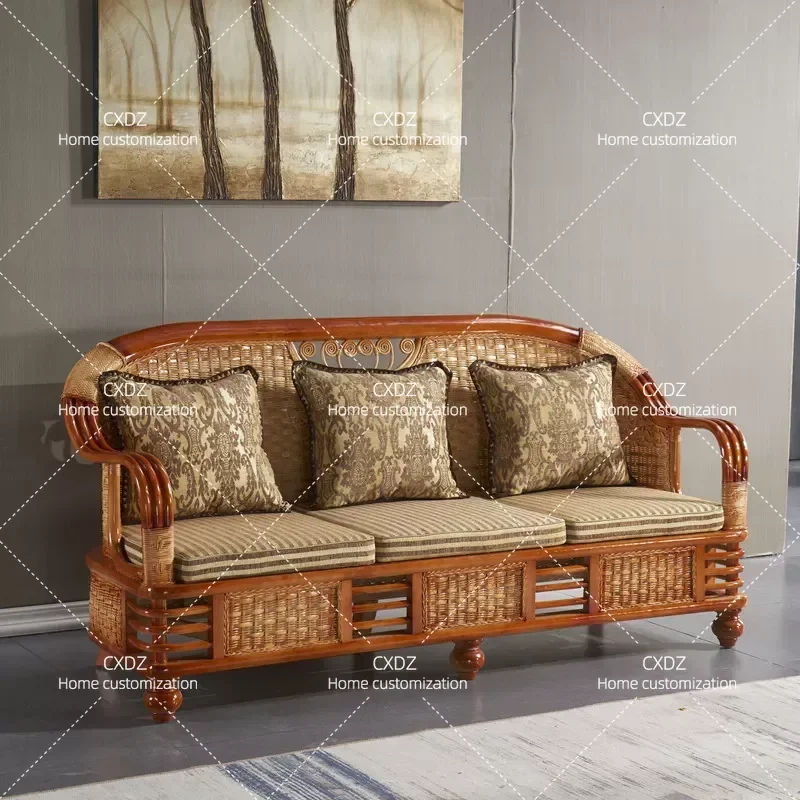 Modern Rattan Sofa Set 5 Piece Living Room Furniture Bamboo Wicker Couch Three Seater for Villa Hotel Coffee Shop Home Decor