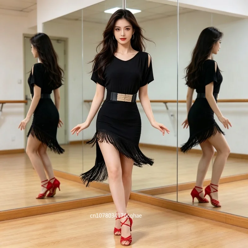 

Women Summer Short Sleeve Latin Dance Dress Black Slim Fit Standard Dance Performance Practice Costume Performance Accessories