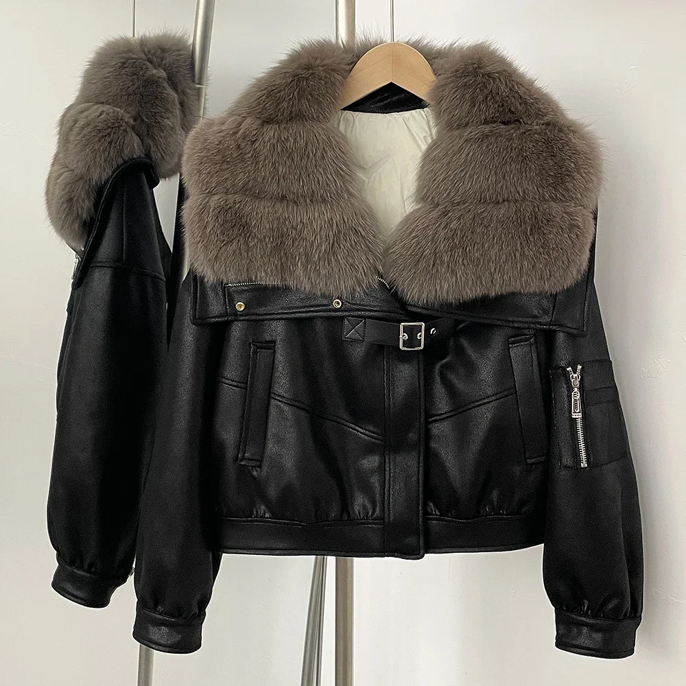 OFTBUY Vera Pelliccia Collo in pelliccia di volpe naturale Giacca corta in pelle scamosciata Abbigliamento invernale da donna Piumino soffice Cappotto spesso in piumino d'anatra femminile