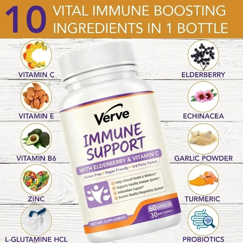 Immune Supplement Capsule Containing Zinc, Elderberry, Vitamin C, Vitamin E, B6, Turmeric, Echinacea, Garlic, and Probiotics