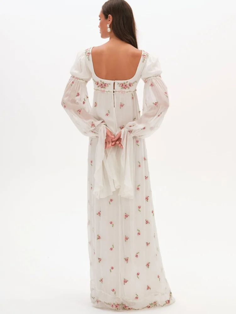 Cottagecore Blumen-Maxikleid für Damen mit Quadratischem Ausschnitt, Langen Puffärmeln, Empire-Taille, Chiffon, Fließendes Vintage Boho Hochzeitsgast-Kleid – Detail 6