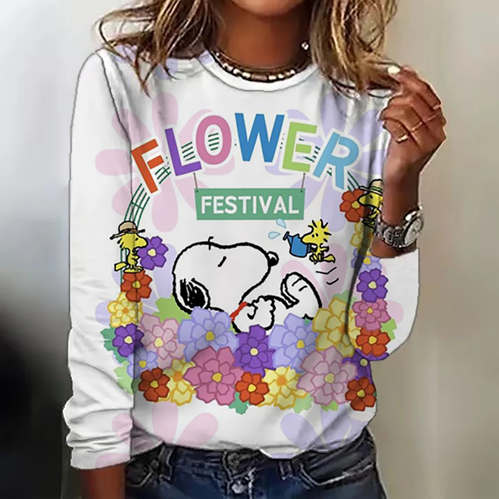 Women's Snoopy print long-sleeved tops round neck casual tops 3d printed Cartoon fashion stickers printed women's long-sleeved T