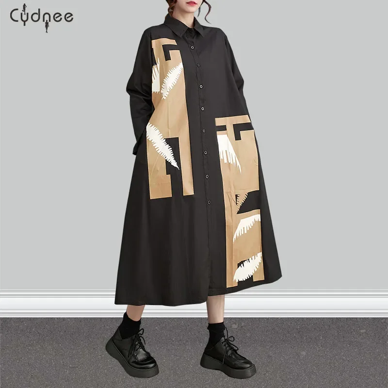 Korean Style Large Size Women's Loose Long Sleeve Shirt Dress Button-Front T-Shirt Dress