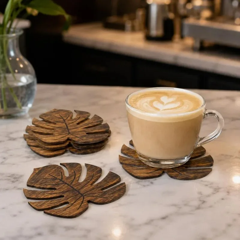 1/12Pcs Wooden Monstera Leaf Coaster Set Table Mat Heat Insulation Anti Scald Rustic Drink Holder for Dining Desk Coffee Table