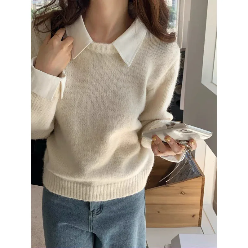 2024 جديد المرقعة قميص طوق متماسكة سترة الخريف والشتاء قاع قميص مزاجه وهمية قطعتين البلوز العلوي