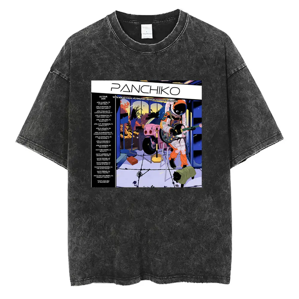 Gewaschenes Vintage Rockband Panchiko Tour 2026 T-Shirt für Männer und Frauen, Lässiges Baumwoll-T-Shirt, Herren Gothic Oversized T-Shirts Streetwear – Detail 2