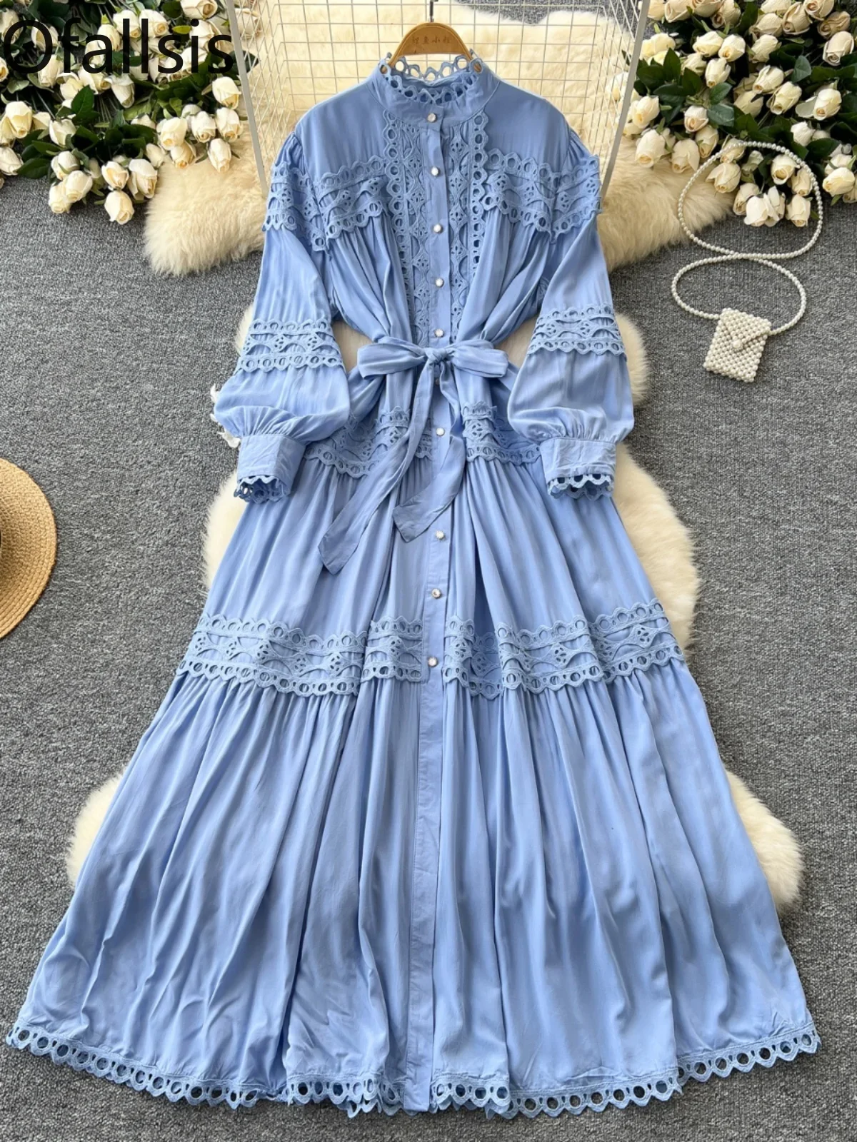 Ofallsis Stand Neck Lace Stitching Elegant Dress 2024 Autumn New Hollow Lace Splicing Stand Collar Single Breasted Long Dresses