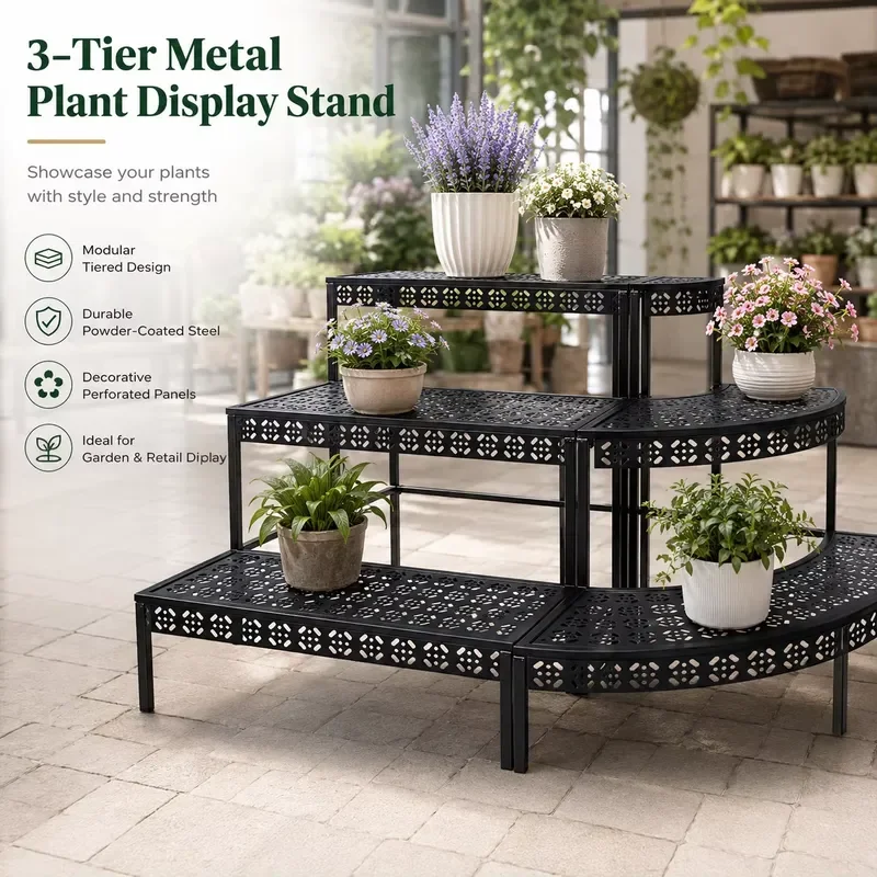 for Modular Rustproof Metal Outdoor Furniture Plant Stand Tiered Flower Display Rack Curved Straight Combination Plant Shelf