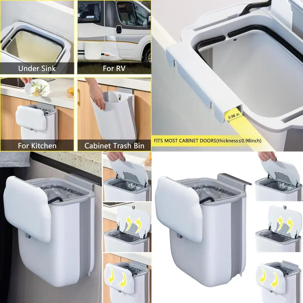 

Foldable 3.2 Gallon Wall-Mounted Trash Can with Lid for Kitchen, Cabinet, Bathroom, and RV (White)