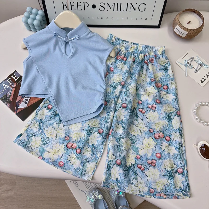 

2025Summer Baby Girl Tang Suit National Style Set New Chinese Style Vest for Girls+Trendy Pants Two-Piece Set