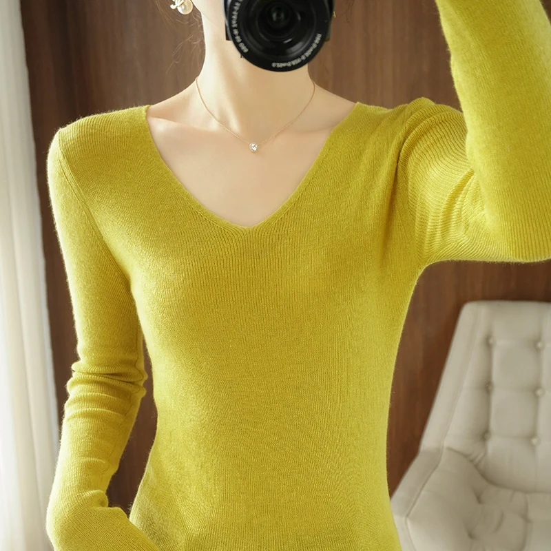 

Women's Pullover Spring/Autumn Worsted Wool Sweater Casual Solid Color Knitwear Ladies' Tops Slim Fit V-Neck Blouse