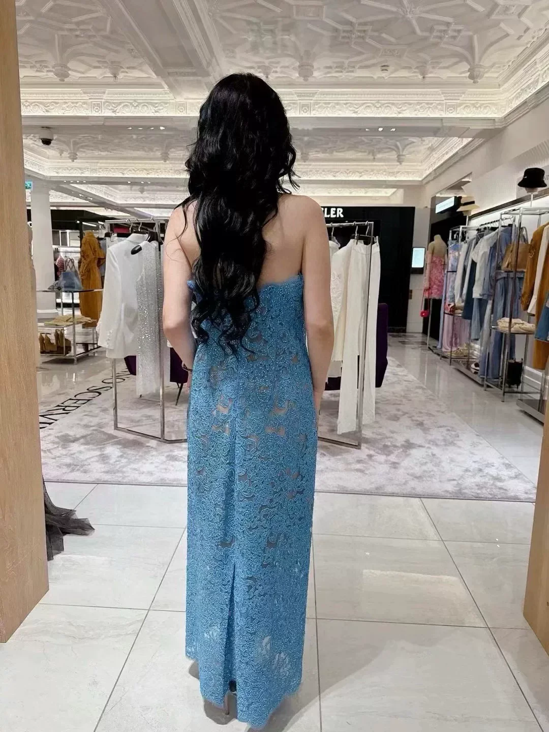 Elegant Strapless Blue Lace Dress For Women Luxury Rhinestone Embellished Bodycon Evening Party Dress Hot Pink Wedding Long Gown