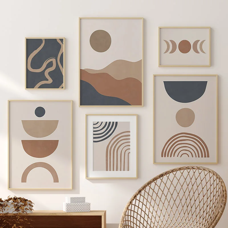 Boho Wall Art Canvas Painting Geometry Line Phase Of The Moon Leaf Nordic Posters Prints Abstract Pictures For Living Room Decor