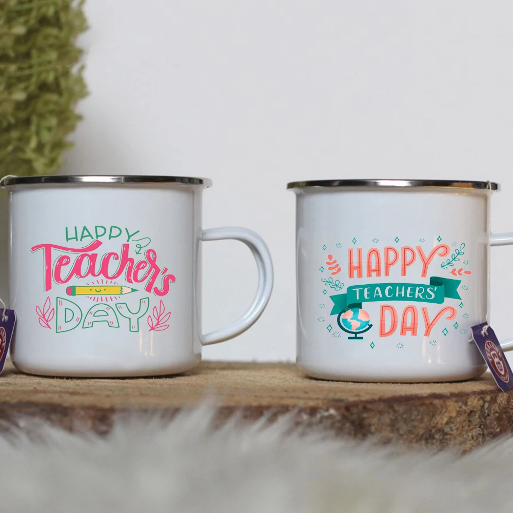 Happy Teacher‘’s Day Mug Enamel Handle Coffee Cup Juice Drink Cup Office Work Drinking Cup Gratitude Graduation Gift for Teacher