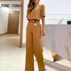 Women Solid Chic Half Sleeve Crop T-shirt & Wide Leg Pants Set Women Sets