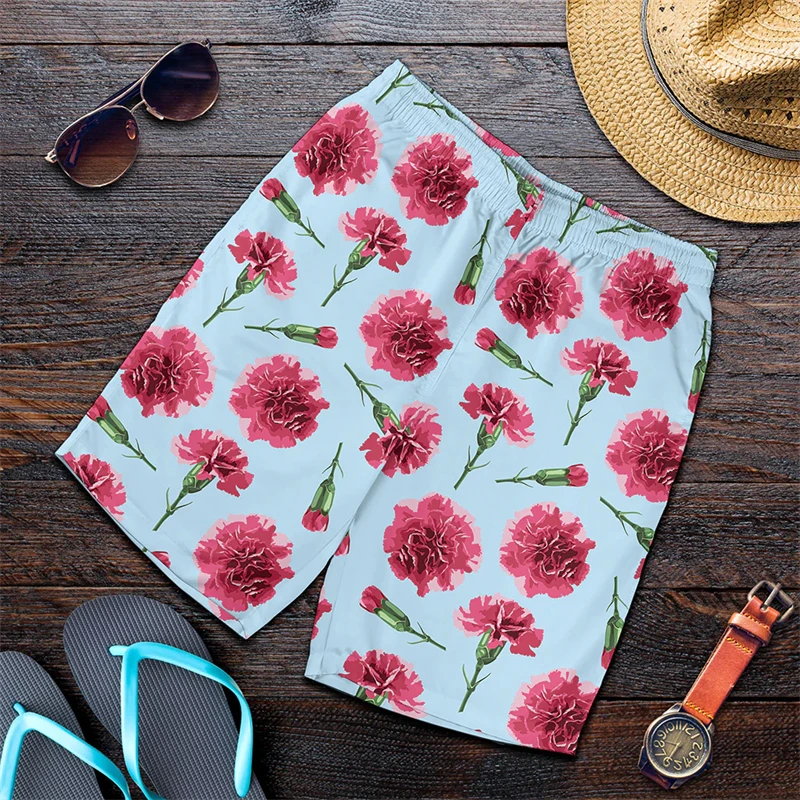 2024 Summer Street Daily Beach Pants Carnation Graphic Harajuku Men Women Breathable Loose Sports Trunks Flower 3D Print Shorts