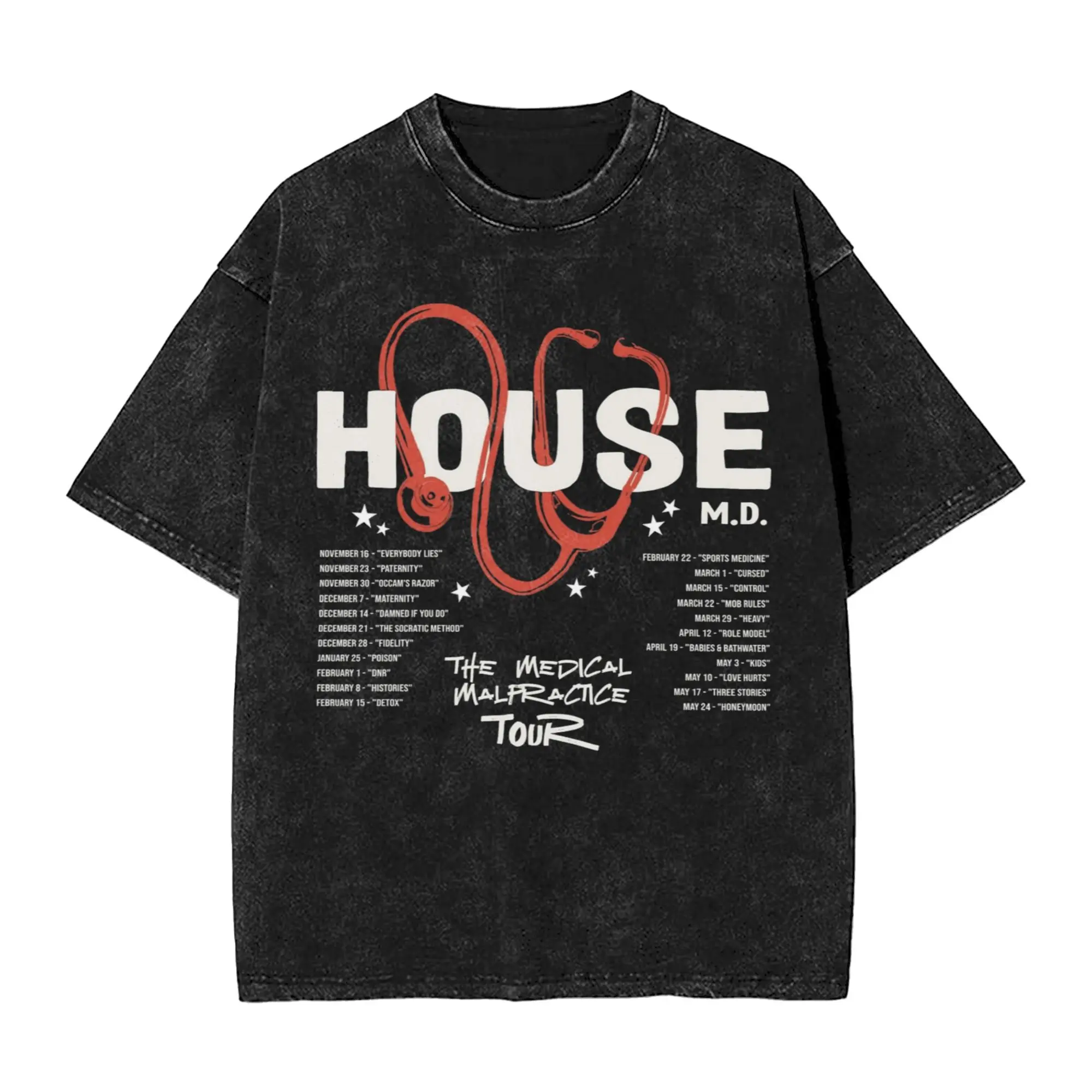 Dr Wilson House MD blue flames  Men's T Shirts Washed Humor Tee Shirt Short Sleeve Crewneck T-Shirts Pure Cotton Summer Clothing