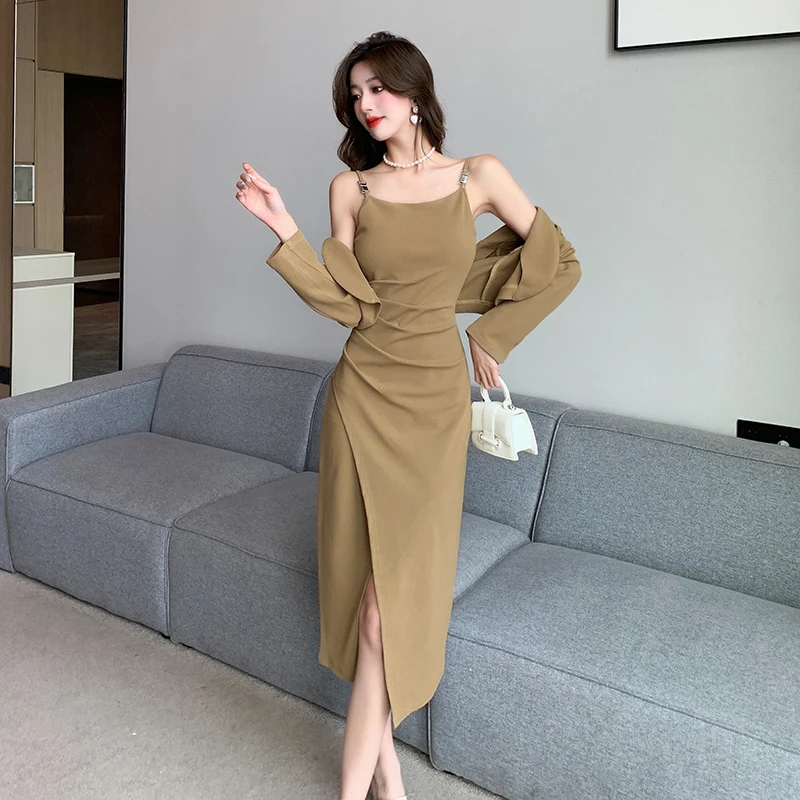 New Vintage Solid Elegant Midi Dresses for Women with Long Sleeved Cardigan Autumn Fashion Party Birthday Dress Korean Style