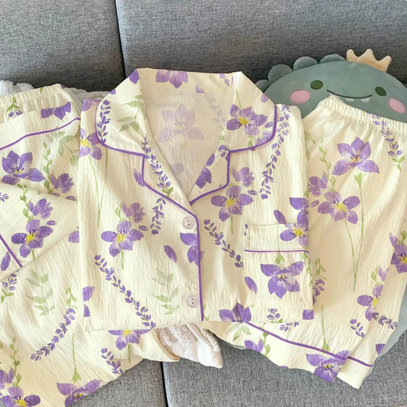 

Пижамный комплект в корейском стиле с фиолетовым цветочным принтом, милый повседневный короткий крутой комплект из трех предметов, новая летняя модная одежда для дома