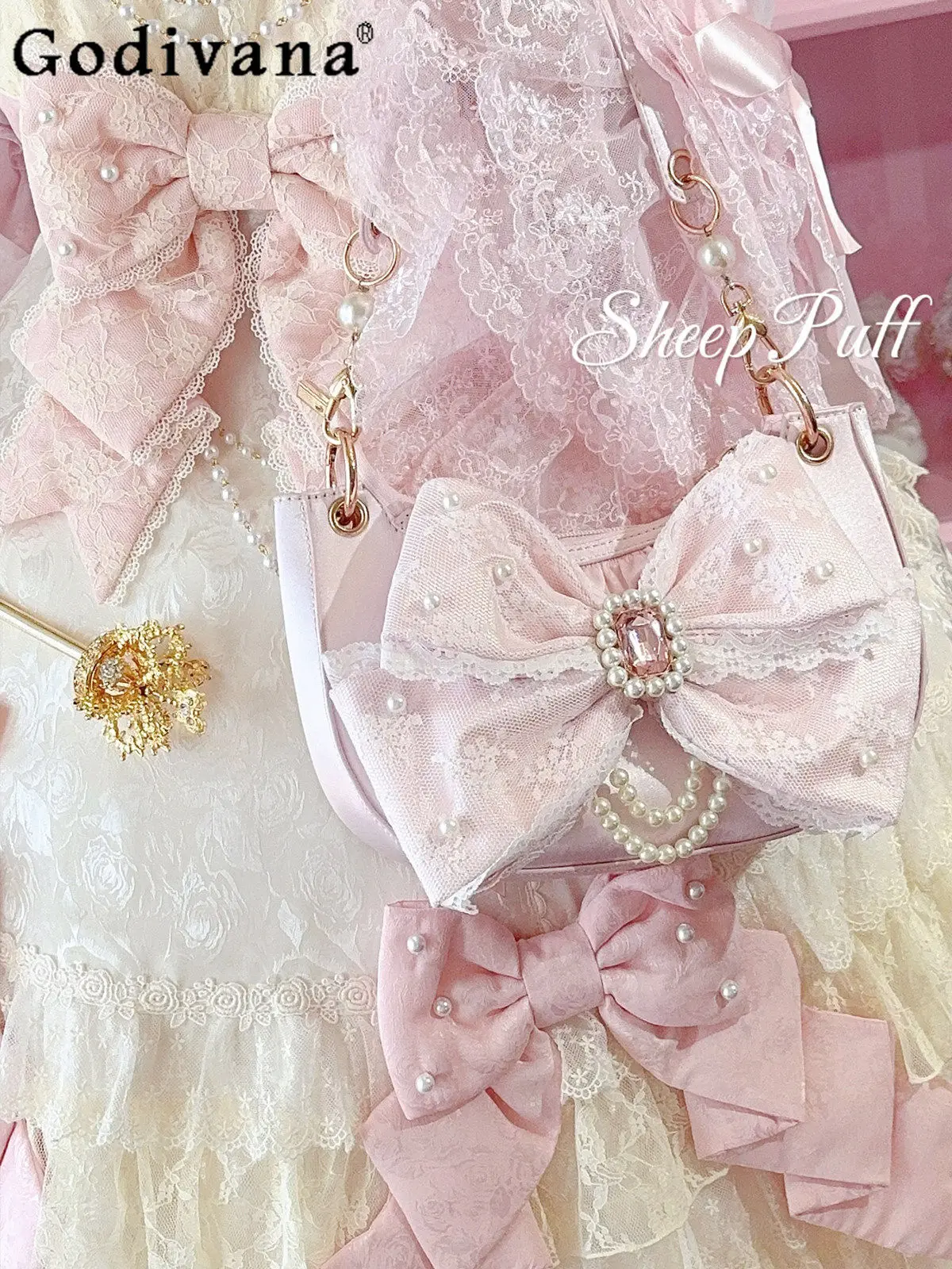 

Japanese Sweet Cute Doll Sense Lolita Handbag Bow Lace Pearl Jk Uniform Versatile Zipper Shoulder Bag for Women