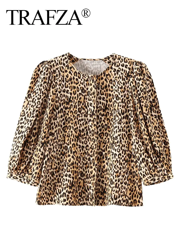 TRAFZA Women Fashion Vintage Leopard Print Blouse Single Breasted O Neck Long Sleeve Shirts Y2k Summer Female Chic Top