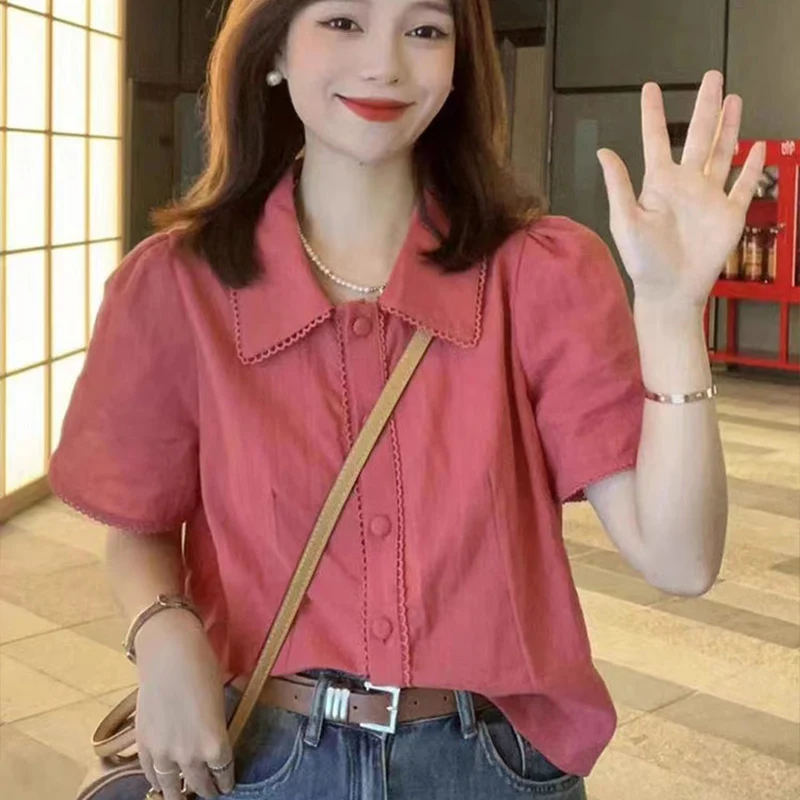 French Style Pink Doll Neck Short Sleeved Shirt for Women\'s Summer 2024 New Western Style Age Reducing Casual Versatile Top