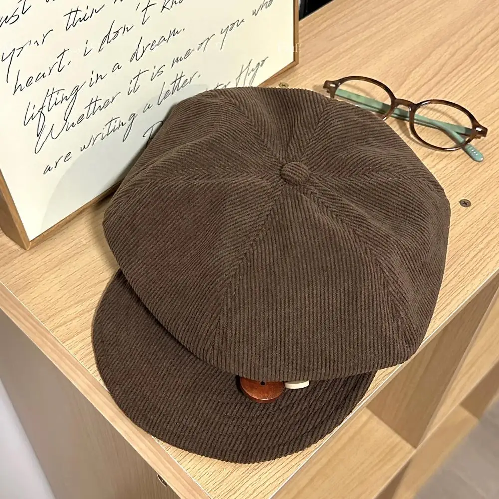 

Retro Button Corduroy Baseball Cap For Women Painter Artist Hat Japanese Girls Brown Peaked Caps Autumn Winter Keep Warm Berets