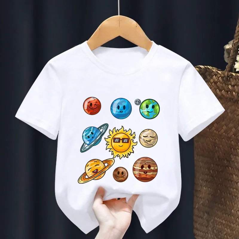 Hot Sale Planets Solar System Print Cartoon Kids T shirt Astronaut Funny Girls Summer Tops Baby Boys Clothes Children T-shirt