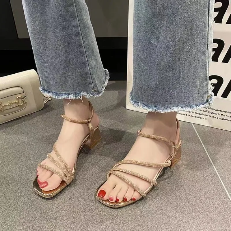Fairy Style Rhinestone Thick Heel Sandals Women's Summer Versatile Square Head Skirt One Strap Two Wear Slip-On Shoes view 2