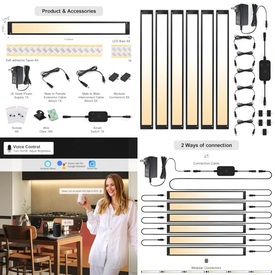 

6pack 12inch Dimmable LED Under Cabinet Light Kit, 2700K to 6000K Smart LED Under Counter Lighting Fixture, Compatible with Ale