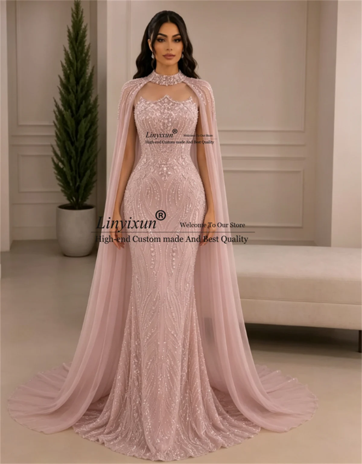 Sparkly Crystal Diamond Prom Dresses With Cape Customized Halter Sleeveless Evening Gown African Dubai Wedding Party Dress