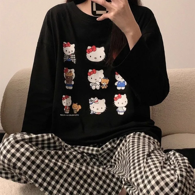 

Sanrio Hello Kitty Women Pajamas Cartoon Anime KT Cat Long-sleeved Trousers Two Sets of Loose Leisure Comfortable Homewear Suit