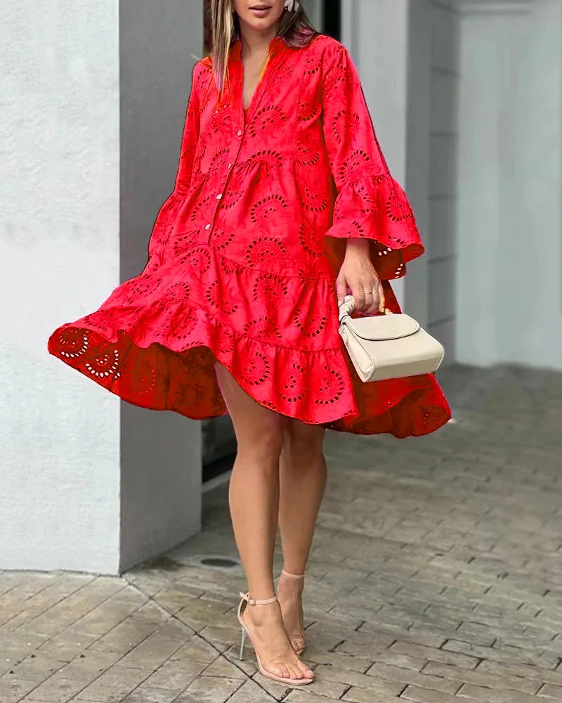 2023 Summer Women Hollow Out Dresses Elegant Vintage Solid Lace Dress V-neck Loose Embroidery Vestidos Beach Mini Dresses