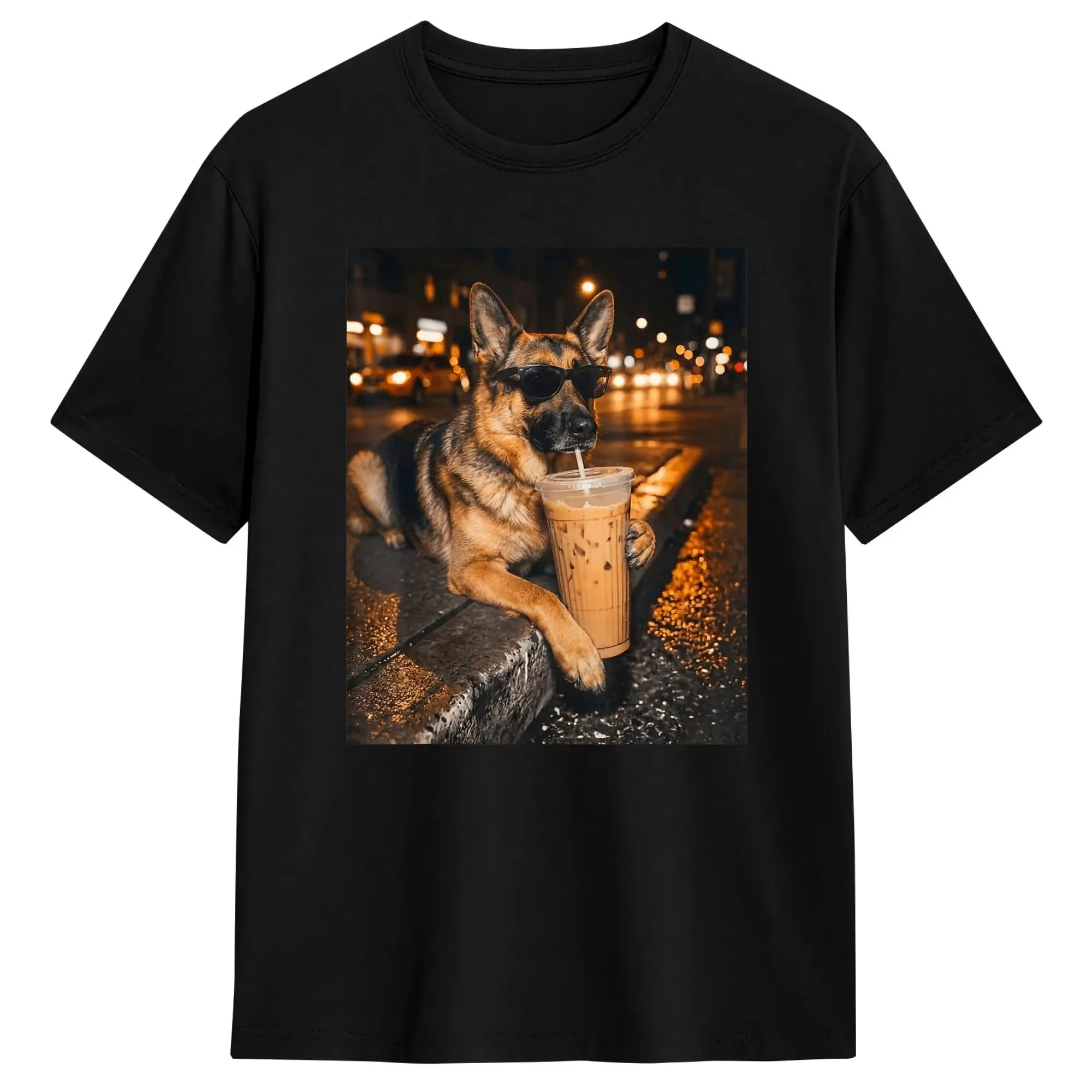 Camiseta para hombre con diseño de pastor alemán bebiendo café helado, camisetas divertidas con memes para amantes de los perros, camiseta popular de verano, ropa de algodón puro