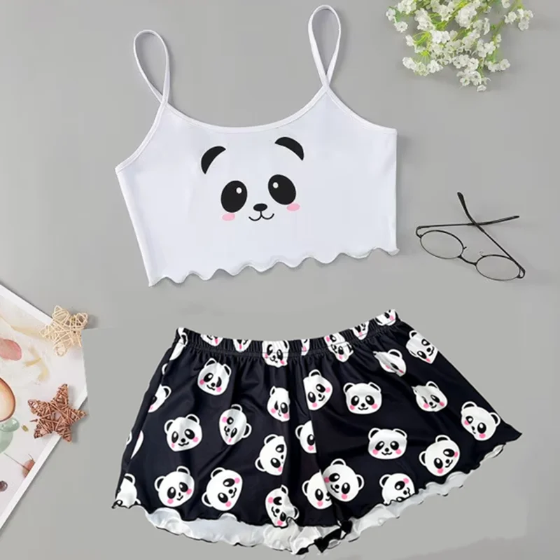 Sommer-Schlafanzug für Damen, 2-teilig, Niedlicher Weicher Bequemer Panda-Druck, Sexy Ärmelloses Top und Shorts, Homewear Pyjama-Set Loungewear – Detail 1