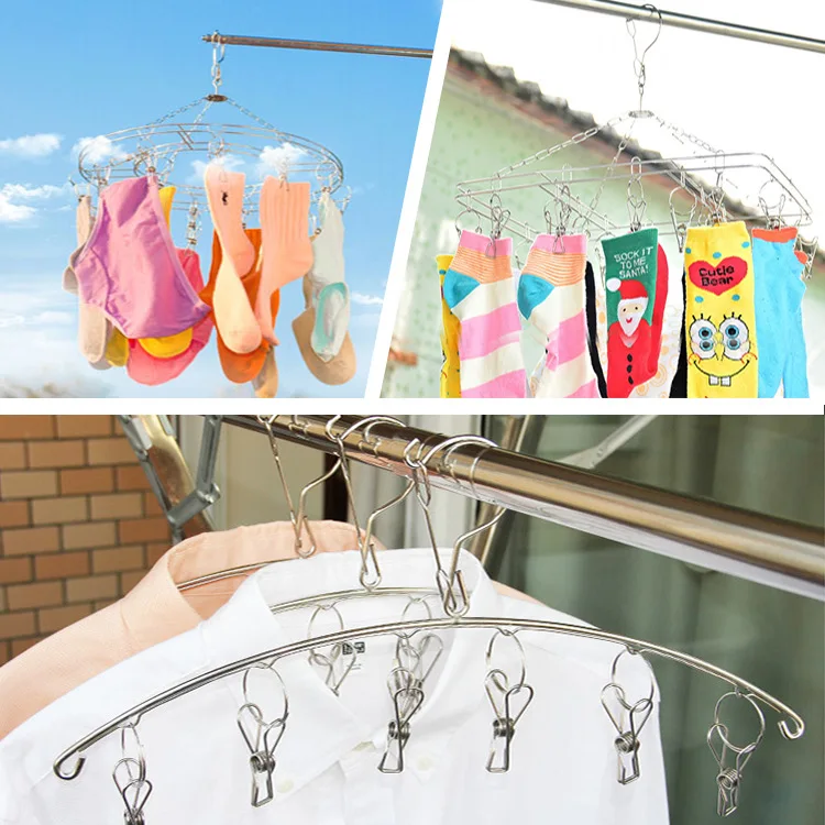 Stainless Steel Sock Rack With Thick Multi-clip Sock Drying Rack Round Clothes Hanger Multi-functional