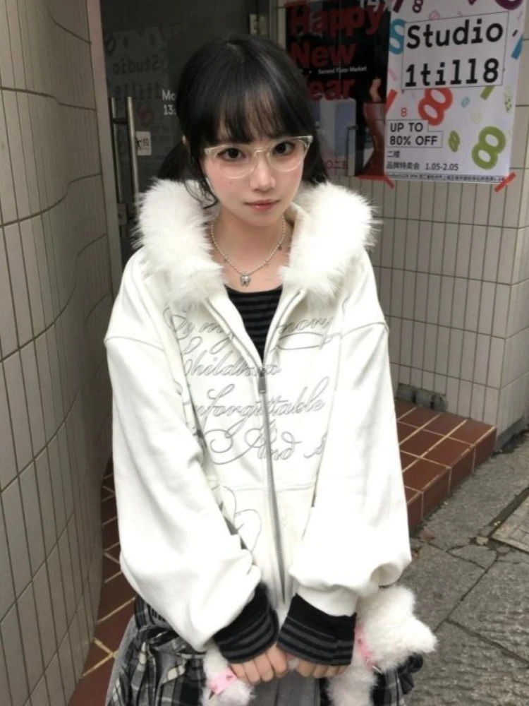 American Y2k Light Fur Collar Subculture Retro Sweatshirt Women's Autumn Winter High-end Hooded Cardigan Loose Gothic Jacket