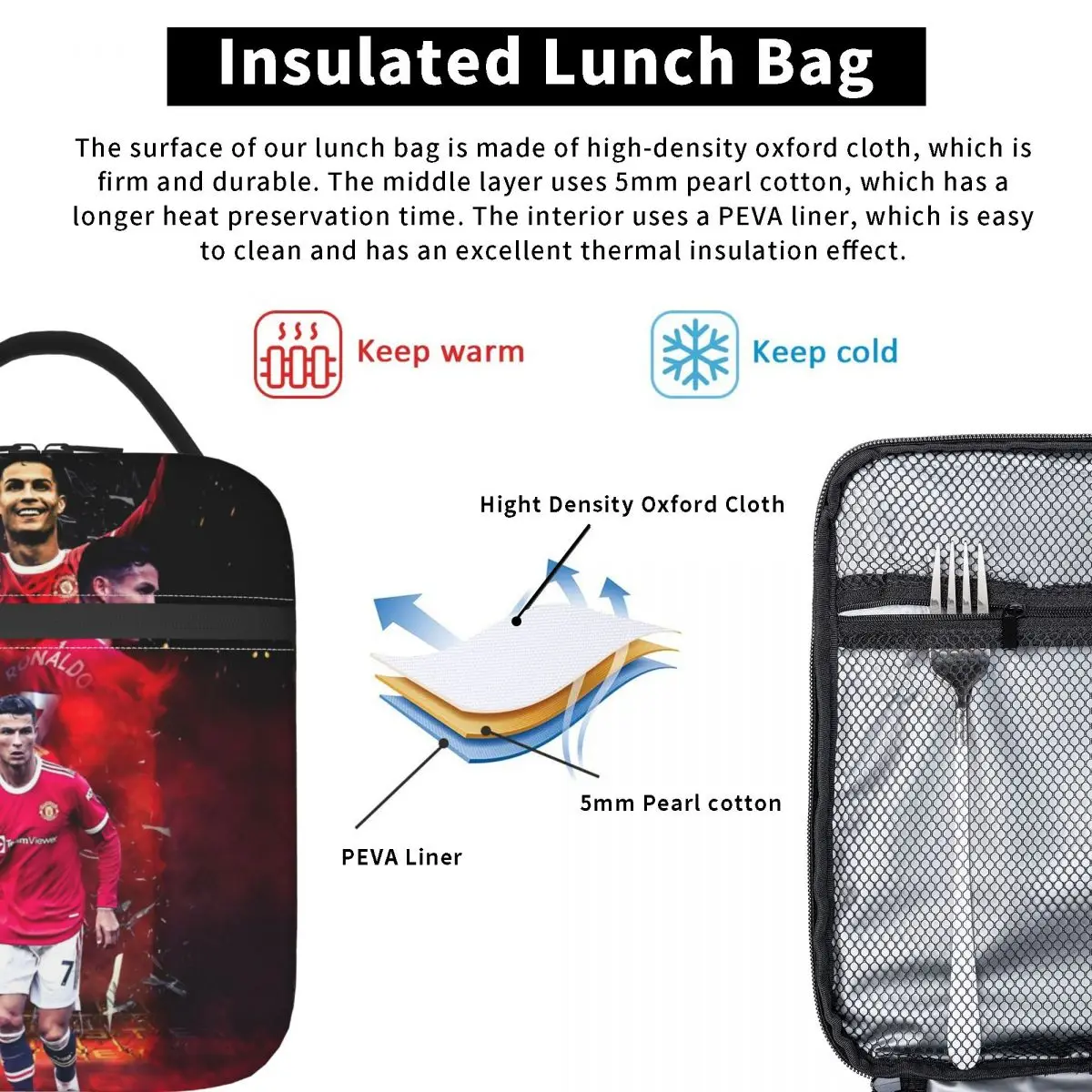 CR7 Football Legend Insulated Lunch Bag Leakproof Lunch Container Thermal Bag Tote Lunch Box Work Picnic Food Bag