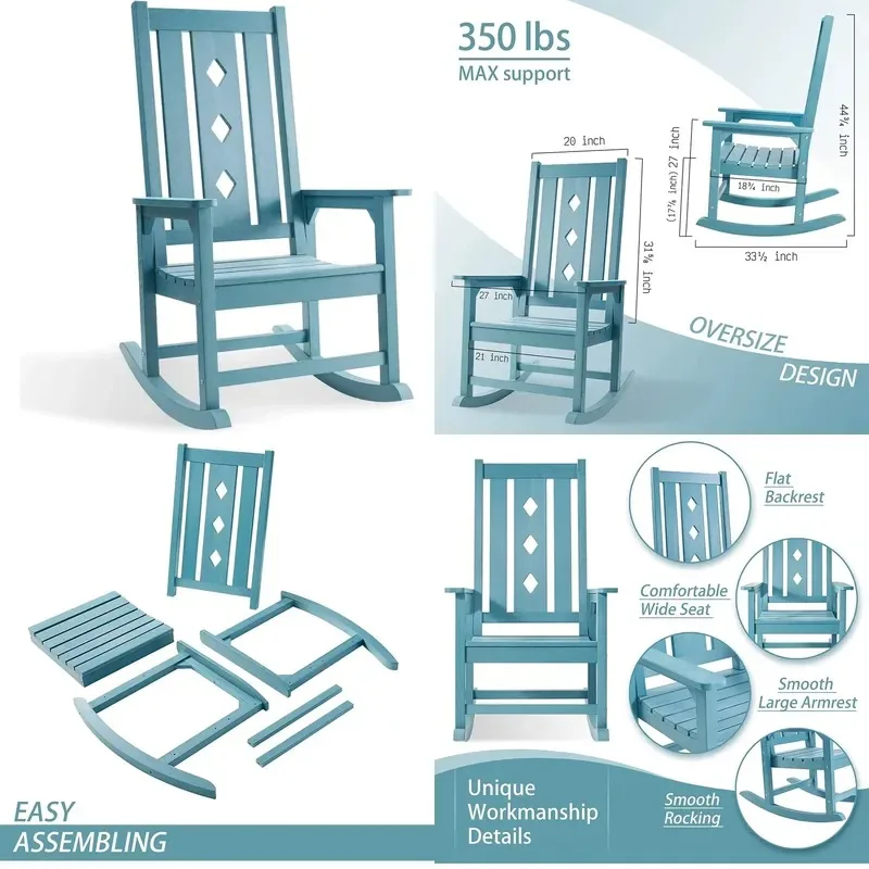 Weather Resistant Polywood Rocking Chair for Adults Indoor Outdoor Smooth Rocker 350 lb Load Capacity Blue